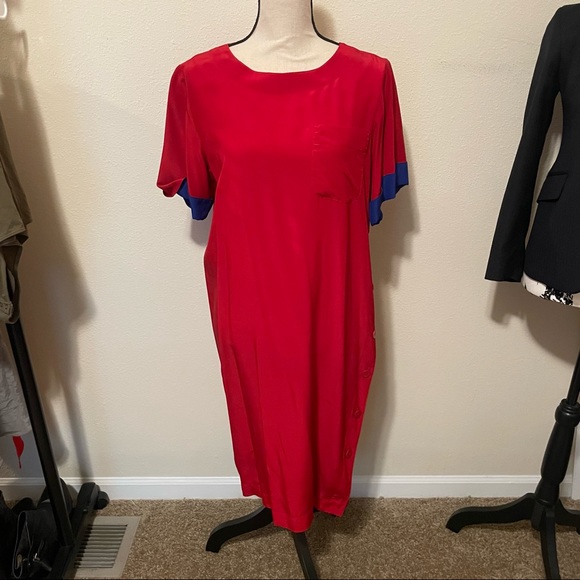 Vintage 80’s Liz Claiborne silk red dress color block sleeves midi front pocket - Picture 6 of 9